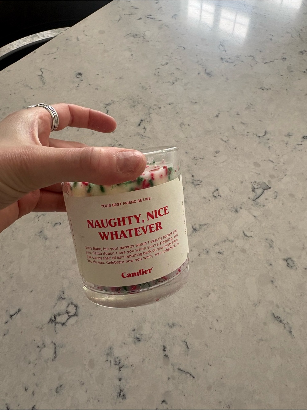 New Candier 'Naughty, Nice Whatever' Holiday Candle - White with Red & Green